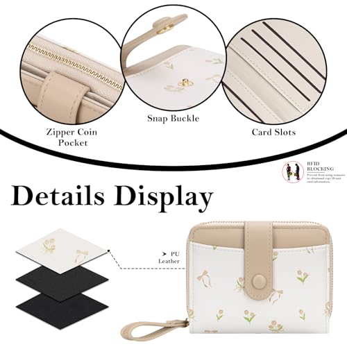 Image of BIAOTIE Wallet for Women Cute Floral Flower Wallet RFID Credit Card Holder Purse Small Bifold Zipper Coin Pocket Purse with ID Windows (T- Khaki)