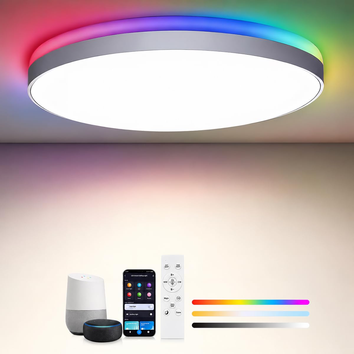 Smarte Deckenlampe 46W 4600lm Ø37cm, RGBIC & CCT 3000K-6500K, Dimmbar