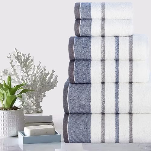 Image of Casa Copenhagen - Egyptian Cotton White Bay Collection 6 Pieces Towel Set Including 2 Bath Towel, 2 Hand Towel, 2 Face Towel - Dark Grey /Blue