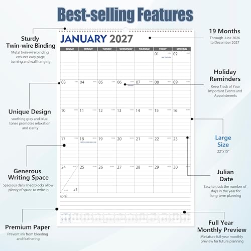 Image of GuassLee Large Wall Calendar 2026-2027, 22 inchx15 inch Vertical Wall Calendar 2026, Jun. 2026 to Dec. 2027, 19-Month Paper Hanging Planner Wall with Julian Date for Office Home Planning & Organizing