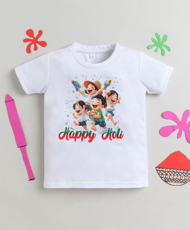Image of The Magic Wand Kids Holi Festival Theme Printed T-Shirts, Girls Top, Boys Kurta Multicolored for Kids Baby Boys and Girls, Traditional Indian Wear Dress for Holi