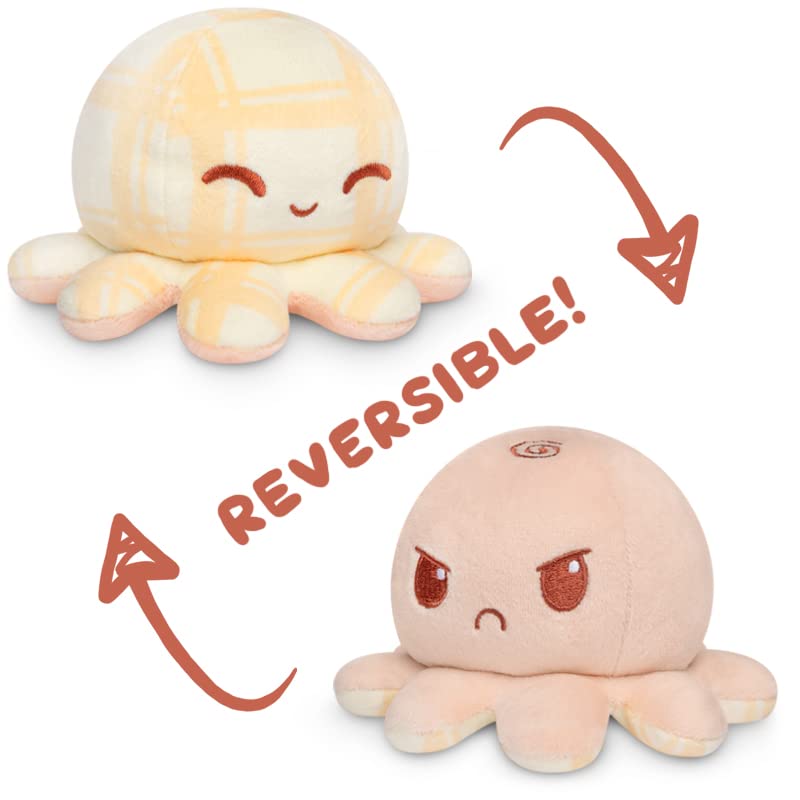 Image of TeeTurtle Reversible Octopus Plushie 4-Inch Khaki Plaid + Light Peach Two-Sided Flip Plush Toy with Embroidered Details - Cute Mini Collectible Plush for Kids, Teens, and Adults