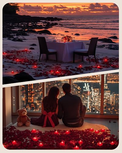 Image of Amagic 4000 Pieces Red Artificial Rose Petals with 50 Red Heart LED Tea Lights, Rose Petals and Candles Set for Proposal, Anniversary, Romantic Night, Wedding Decor
