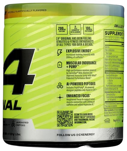 Image of C4 Original Pre Workout Powder Sugar Free for Men & Women 200mg Caffeine + CarnoSyn Beta-Alanine + Creatine + AI Peptides - Rainbow Blast, 30 Servings