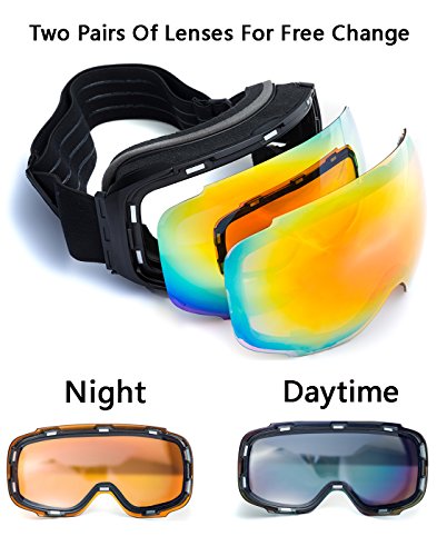 Anti-Fog Anti-UV Windproof Unisex Ski Goggles with Replaceable Spherical Lenses & 3-Layer Foam(Black)