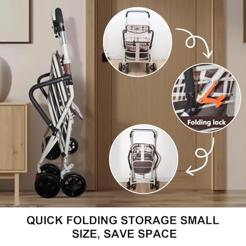 Andador plegable con asiento y cesta de almacenamiento, altura ajustable para personas mayores, soporta hasta 220 libras, ideal para asistencia de movilidad
