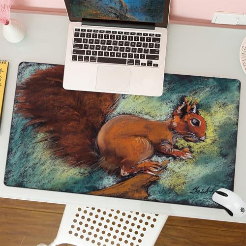 MESHIZIY Mauspad (400 × 750 MM) Verlängertes großes Mauspad Schreibtischauflage, rutschfeste Gummibasis, Gaming-Mauspad XLEin Eichhörnchen mit buschigem Schwanz auf einem Zweig mit Einer Nuss in de