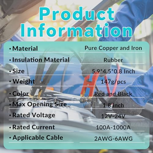 2Pcs Jumper Cable Clamps, Heavy Duty Battery Cramps with Pure Copper Alligator Clips Ends, Suitable for Auto Vehicle Car Truck Boats Charger Voltage Tester, Red and Black - Image 7