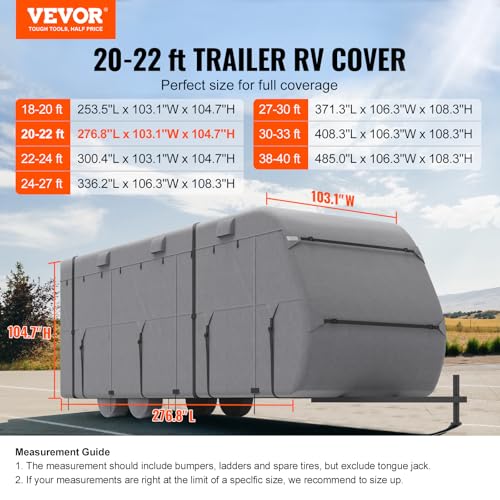 VEVOR Travel Trailer Cover, 20-22 ft RV, 4-Layer Non-Woven Fabric Camper, Waterproof, Windproof and Rip-Stop Class A, With Storage Bag, Repair Patches, Straps and Tire Covers