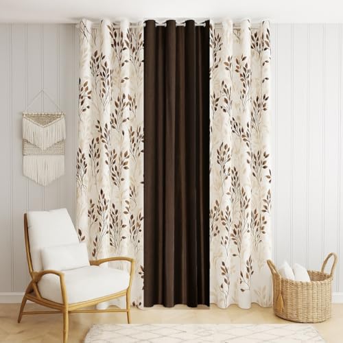 Image of DEVSANG Polyester 2 Print and 1 Plain Curtains Set of 3, Brown&White 5 Feet