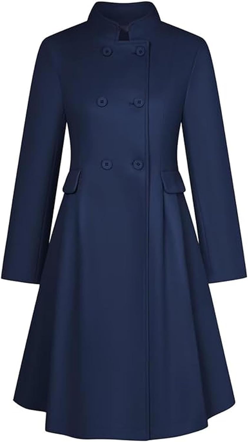 SEMATOMALA Women's Winter Wool Blend Swing Dress Coat Stand Collar Double Breasted Trench Coat A Line Pea Coat
