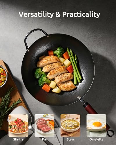 Image of FGJ Wok Pan, Carbon Steel Wok, Woks & Stir-Fry Pans Nonstick, 13 Inch Wok Pan with Wooden Lid, Pre-Seasoned Carbon Steel Cookware, 5.8QT Flat Bottom Chinese Wok Pan, Compatible with All Cooktops