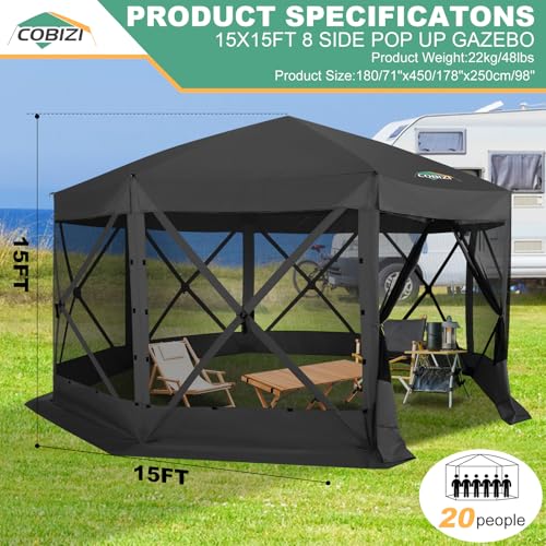 Image of COBIZI 15x15 FT Pop Up Gazebo - Canopy Tent, Large Gazebos On Clearance with Sidewalls, Screened in Gazebo,carpas para Patio,Portable Screen Tents for 12-15 Persons Outdoor Camping, Backyard,Black