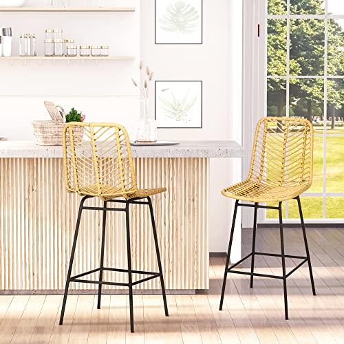 HOMCOM Modern Rattan Bar Stools, Breathable Steel-Base Wicker Counter Height Barstools for Kitchen Counter, Set of 2, Yellow