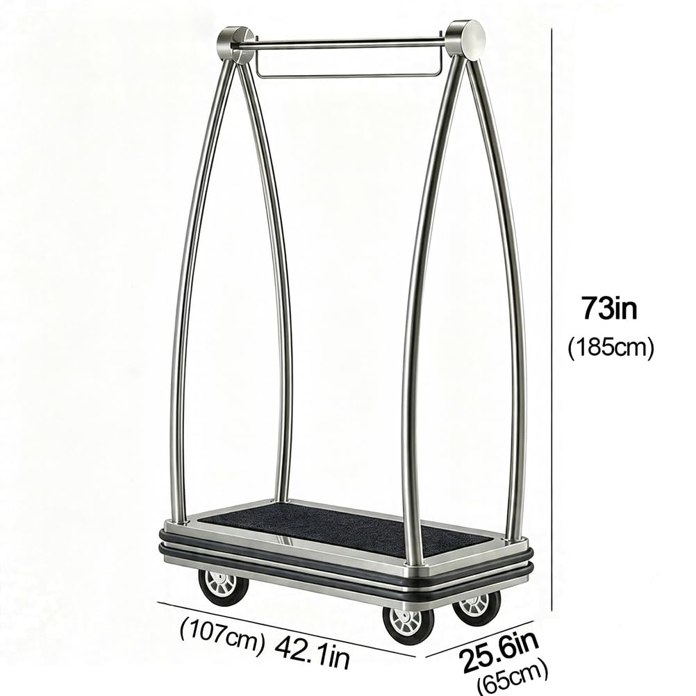 Carrello portabagagli dell'hotel Carrello del facchino | Telaio in acciaio inossidabile, con ruote silenziose da 6", per usi commerciali di hotel e resort