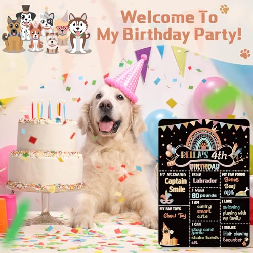 Dog Birthday Chalkboard Boho Themed Dog Birthday Photo Props Rainbow Dog Milestone Chalkboard Sign for Birthday Party Supplies Double Sided Reusable Erasable 14 x 10 Inch