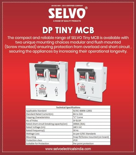 Image of SELVO C-6A Double Pole Flush Mounted (Screw Mounted) Mini MCB (PACK OF 2)