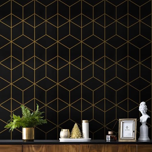 Safiyya 118 x 17.3 Gold and Black Wallpaper Geometric Contact Paper Peel and Stick Wallpaper Removable Self Adhesive Contact Paper for Cabinets and Walls Vinyl Rolls