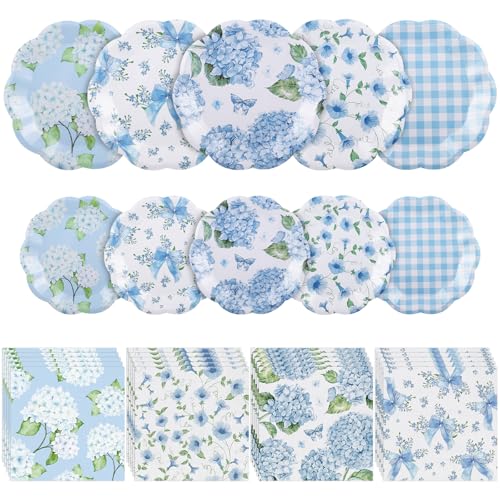 NatNarr 150 Pcs Floral Plates and Napkins Blue and White Floral Party Supplies Include Hydrangea Flower Checkered Plates Napkins for Tea Party Bridal Baby Shower Spring Party