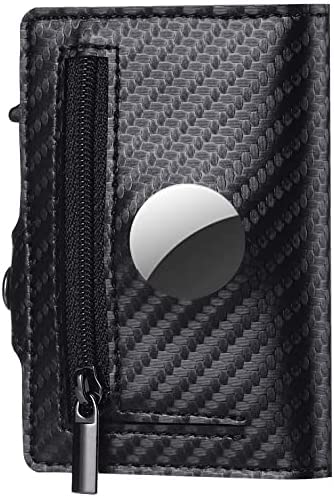 Image of TNE Airtag Wallet Genuine Leather Credit Card Money Holder for Men | RFID Blocking | Automatic Popup Mini Aluminum Bifold Slim Zipper Coin Pocket Airtag Case Mens Wallets Air Tag Cover, Carbon Fiber,