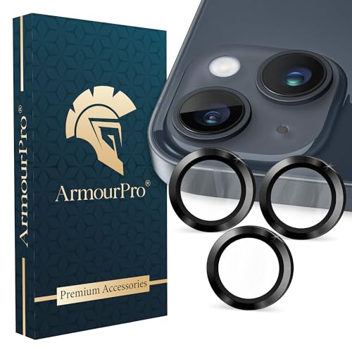 Image of ArmourPro Premium Camera Lens Protector Tempered Glass Compatible For iPhone 14 Plus and iPhone 14 Tough HD Individual Aluminum Alloy Rings 9H Camera Cover , Scratch-Resistant,Camera Lens Protection| Black