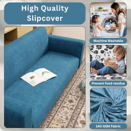 Image of Lukzer 4 Seater Blue Lining Design Universal Sofa Cover | 360 Fully Covered Anti-Slip Washable Couch Cover Protecter | 140 GSM Stretch Fit Polyester + Spandex Slipcover (230-300cm /SC-022-04)