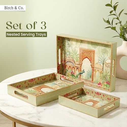 Image of Birch & Co. Wooden Tray Set for Serving - Trays Set of 3 - Elegant Rectangular Trays Large with Easy-Grip Handles, Multipurpose Kitchen, Dining & Home Decor Organize,Royalgallop