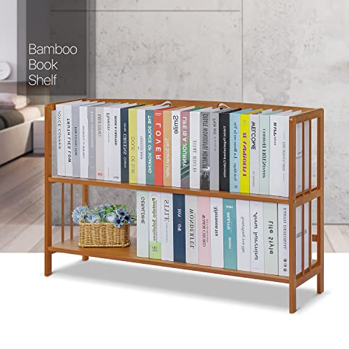 Monibloom Bamboo 2-Tier Bookshelf Bookcase Storage Organizer Plant Flower Stand For Table Living Room Bathroom Bedroom Balcony Garden, Natural #TOP7