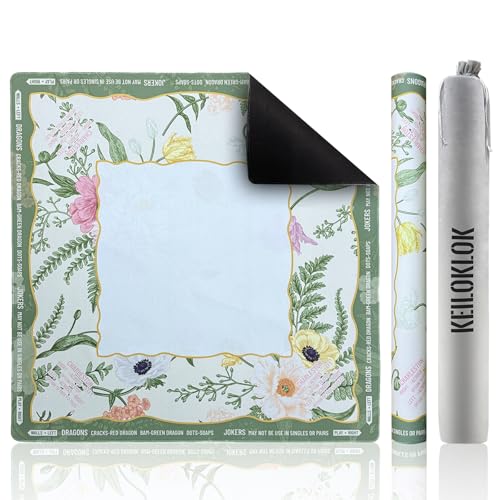KEILOKLOK Floral Mahjong Mat, 32.4x32.4 Inch No Creases Mahjong Table Mat with Tropical Plants, Non-Slip Noise Reduction Carrying Bag for Poker, Card, Board & Tile Games, Dominoes - Light Green