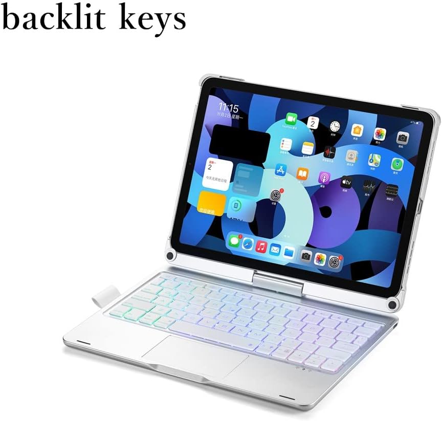 HENGHUI 360 Rotatable Keyboard Case for iPad Air 5th 4th Generation 2022/2020, iPad Pro 11 inch 4th 3rd 2nd Gen Backlight Keyboard with Trackpad, Bluetooth Foldable Keyboard Cover (Silver)