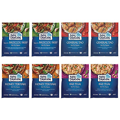 Blue Dragon Stir Fry Sauce Sachet Variety Mix, Broccoli Beef, General Tao, Honey Teriyaki, Pad Thai, No artificial flavors (2 of each flavor, Pack of 8)