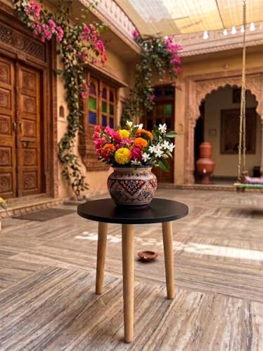 Image of Modern Round Side Table with 3 Wooden Legs, Minimalist End Table /Coffee Table for Living Room, Bedside Nightstand for Bedroom, Balcony & Small Spaces