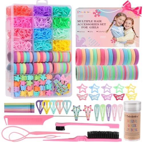 Hair Accessories for Girls, 1350P Colorful Hair Ties Set with 72P Hair Clips, Bobby Pins for Toddlers, Hair Wax Stick, Butterfly Hair Clips, Hair Barrettes with Comb Set&Organizer Box, Valentine's Day