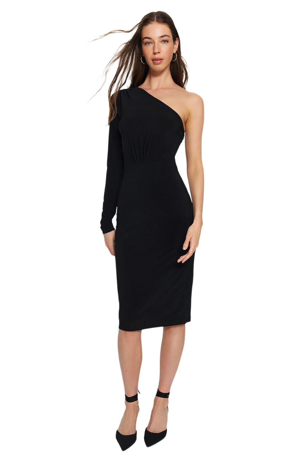 Trendyol Collection Damen Schwarz Schwarzes, Drapiertes, Detailliertes One-Shoulder-Midi-Strickkleid Mit Stretch Für - Mittel