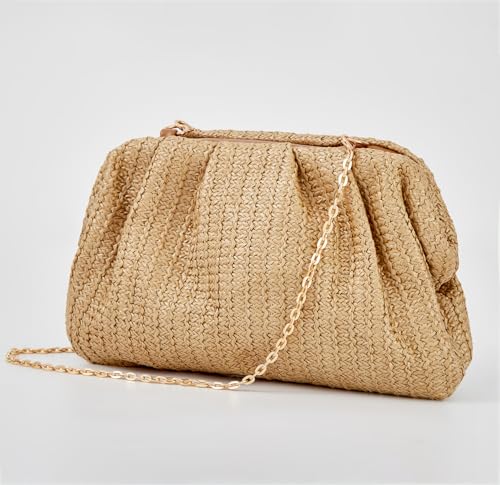 Image of Huralona Women Straw Woven Clutch Purse Pleated Handbag for Summer Beach Vacation Straw Shoulder Crossbody Bag