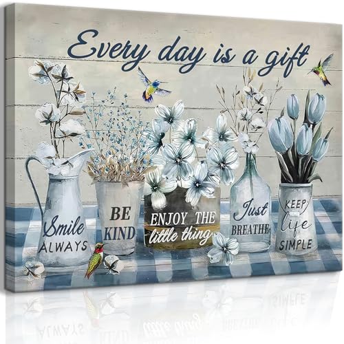 Farmhouse Bathroom Floral Canvas Wall Art Rustic Flower Wall Decor Every Day Is A Gift Artwork Poster Print Inspirational Quotes Painting Pictures for Bathroom Living Room Bedroom(12x16in canvas)