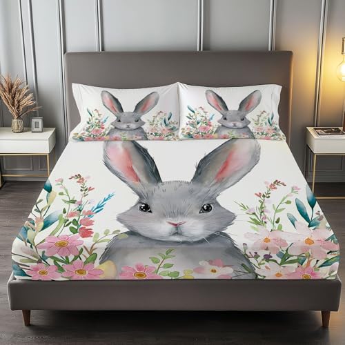Fitted Sheet Full Size Bedding Set for Kids Girls Women Men Room Decor, Soft Microfiber & Deep Pocket & Wrinkle Free Watercolor Cute Rabbit Bedding Sheets, Grey