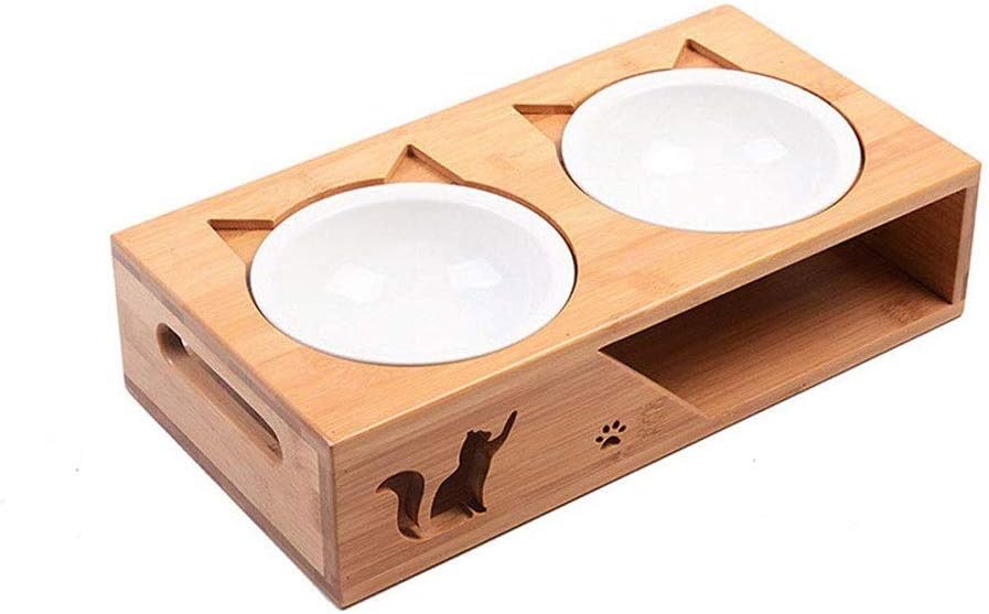 Pet Bowl，Cats Bowls Dining Table with Raised Slope Wooden Stand Elevated with Oblique for Cats, Dogs, Kitten and Puppy