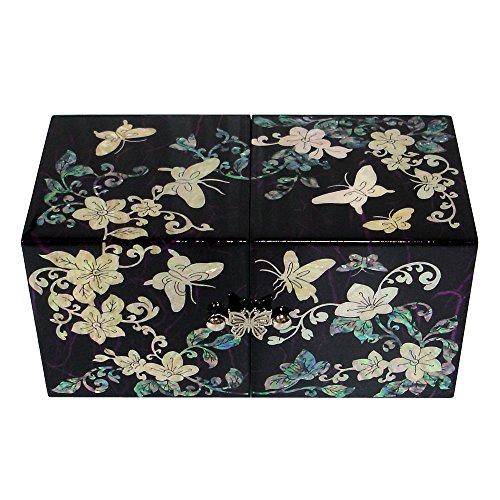 Antique Alive Cajón de madera de laca de mariposa con incrustaciones de madreperla para mujer,...