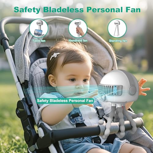 Image of Portable Baby Stroller Fans, 4000mAh Battery, 3-Speed Cooling Fan with Safety Net, Low Noise, Compact & Multifunctional for Stroller /Crib /Car /Desktop /Camping - Baby Stroller Cooling Fans (White Grey)