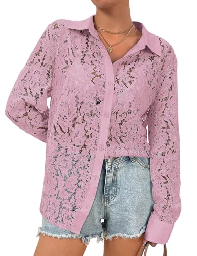 Wyeysyt Lace- Blouse for Women: Sheer Lace Long Sleeve Top, Elegant Dressy Shirt, Ladies Tops and Blouses (Pink-M)
