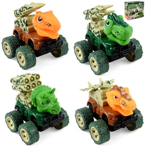 AUTOMP Pull Back Car Set 4PCS Push and Go Dinosaur Car Toys for Boys Age 2 3 4 5 6 Monster Truck Toys for Birthday and Christmas Party