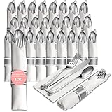 Prestee 25 Pre Rolled Silver Plastic Silverware - 100pc Set, Service for 25 - Wrapped Disposable Set with Forks, Knives, Spoons, White Napkins - Fancy Decorative Flatware for Dinner, Party, Wedding