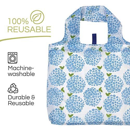 Rockflowerpaper Reusable Grocery Bags For Shopping - Blue Hydrangea Pattern Blu Bag - Machine Washable, Foldable, Packable Tote - Large Handles - Heavy Duty And Lightweight - Zippered Top Pouch #TOP3
