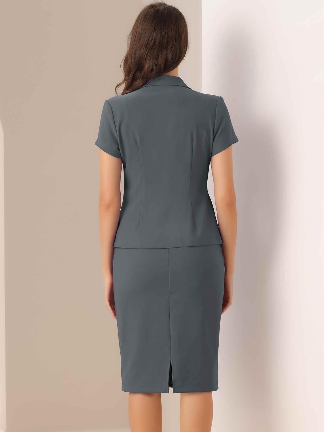 Allegra K Women's Suits 2 Piece Skirt Set Business Professional Outfits Short Sleeve Blazer Pencil Skirt Suit