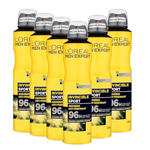 LOréal Mens Deodrant Men Expert 96H Invincible Sport Anti-Perspirant Spray Bulk Pack Ultra-Powerful Sweat Protection with Fresh Aromatic Woody Scent Alcohol-Free 250ml (Pack of 6)
