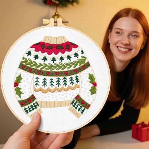 Image of Crafmanoe Christmas Embroidery Kits for Beginners Embroidery Stitches Practice Kits for Adults, Christmas Cross Stitch Kits for Beginners Craft Kits, Embroidery Hoops, Fabric, Threads & Video Tutorial