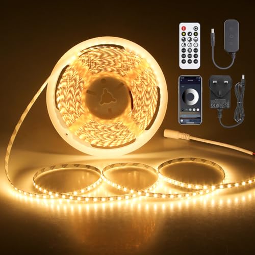 Aclorol LED Strip Light 10M Warm White 24V Dimmable LED Strip Light for Bedroom 5mm Width Flexible Tape Light with Self-Adhesive Cuttable for Kitchen Under Cupboard Bed Shelf Wardrobe 1200 LEDs 3000K
