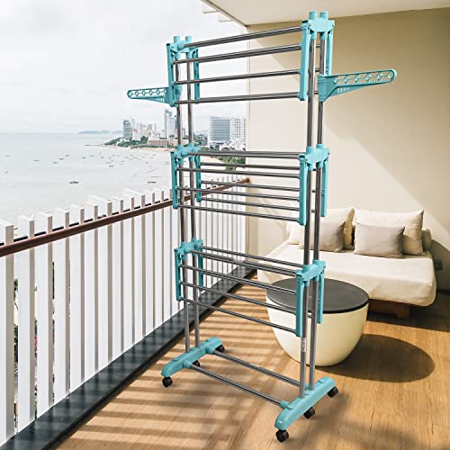 Image of CIPLA PLAST Stainless Steel Heavy Duty Double Pole 3 Layer Foldable & Movable Prince Jumbo Cloth Drying Stand for Balcony and Floor BRC-786 SS (Green)