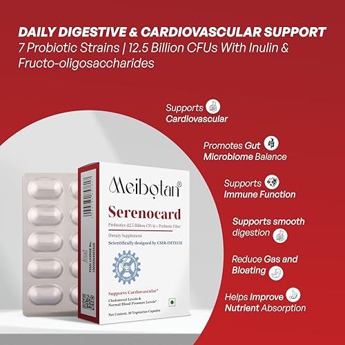 Image of Serenocard Probiotics Supplement, 12.5 Billion CFUs with Prebiotic Fiber, Cardiovascular Support- 30 Veg Capsule (Pack of 3x10) Men & Women